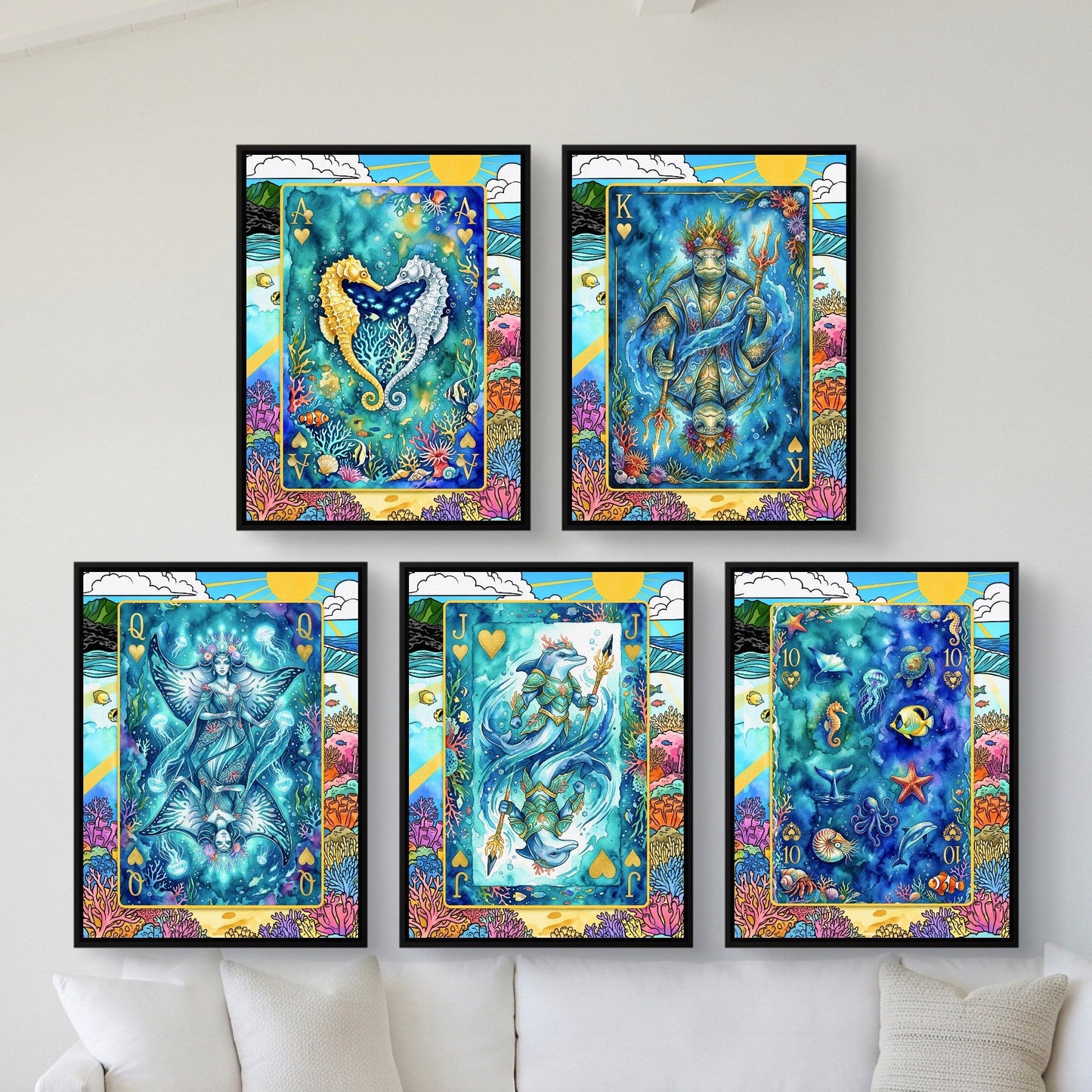 Ocean Poker Canvas Set - Sea Creature Flush framed set in a bright coastal villa