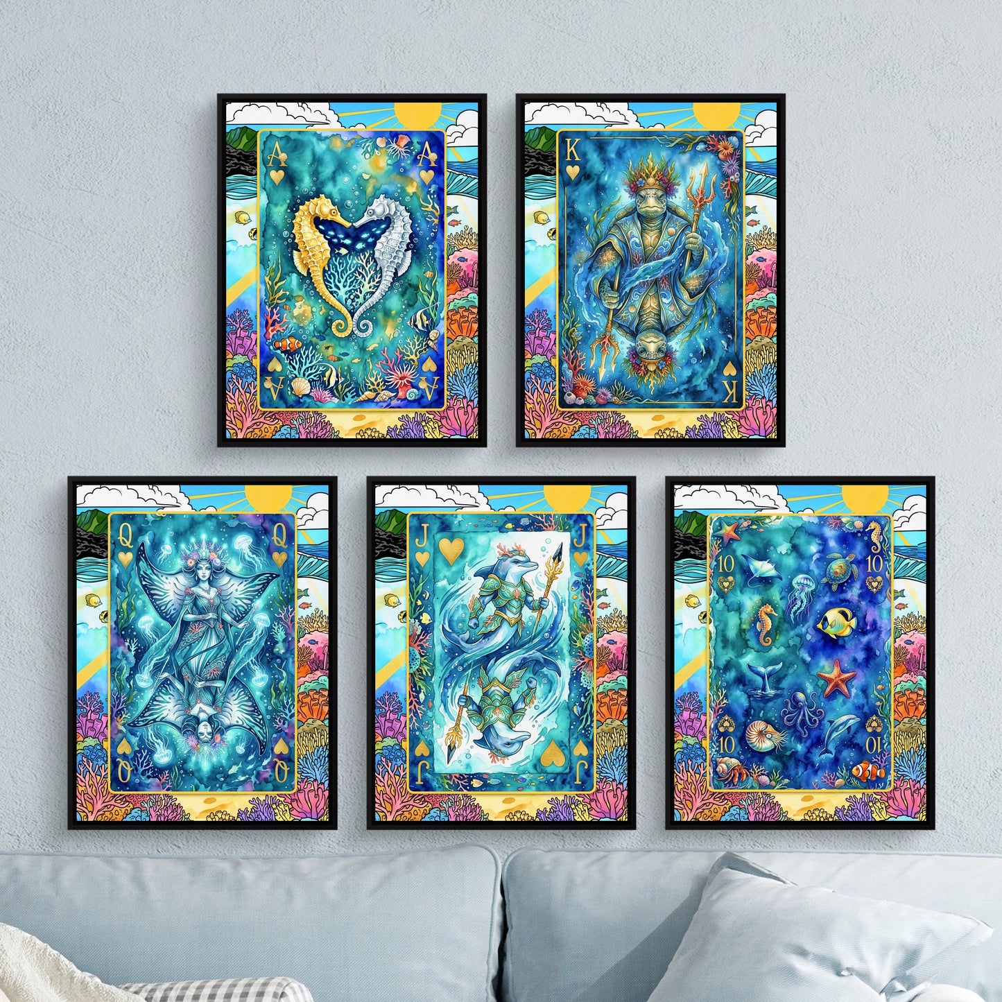Ocean Poker Canvas Set - Sea Creature Flush framed set on a soft blue lounge wall