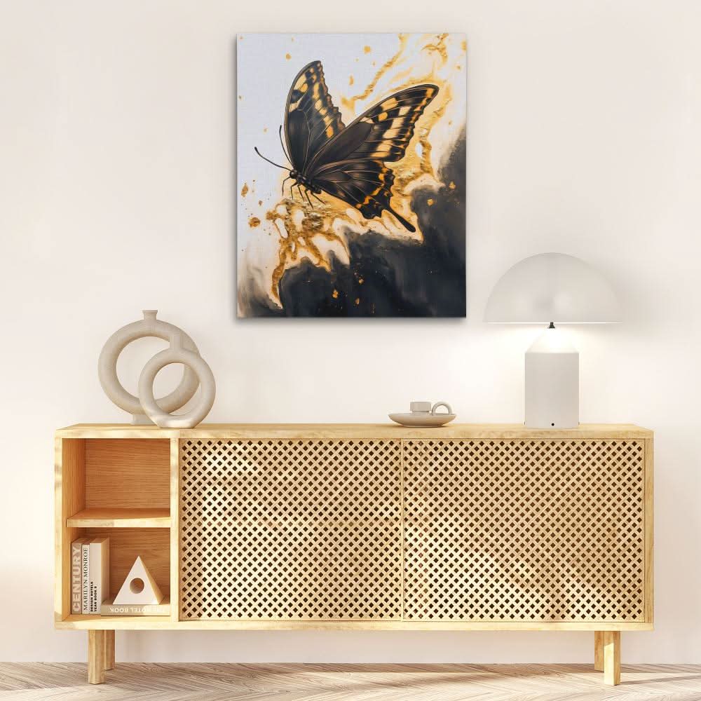 Onyx Flutter - Abstract Black and Gold Canvas Wall Art
