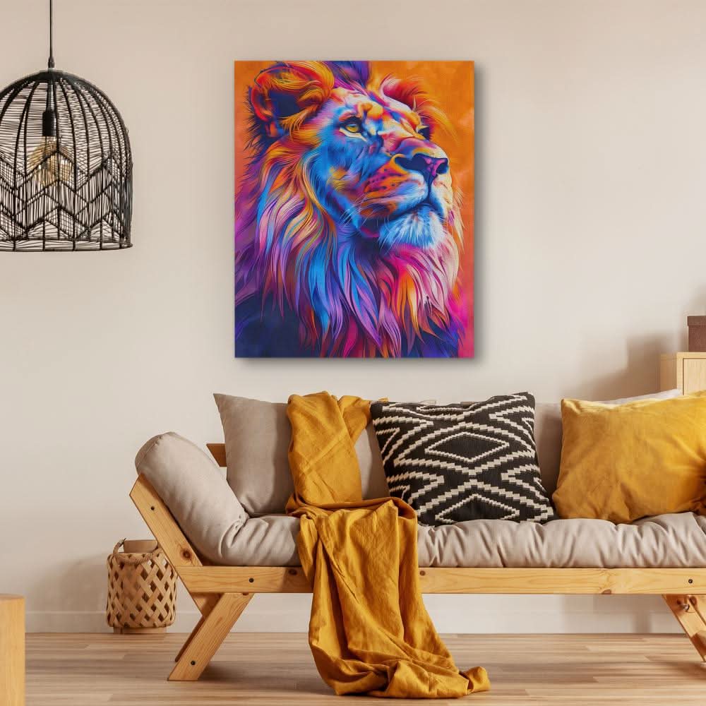 Orange and Pink Lion - Modern Blue Canvas Wall Art