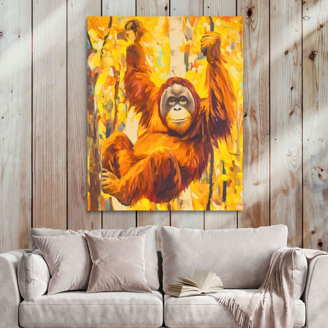 Orangutan’s Jungle Kingdom - Abstract Wall Art in Black Frame