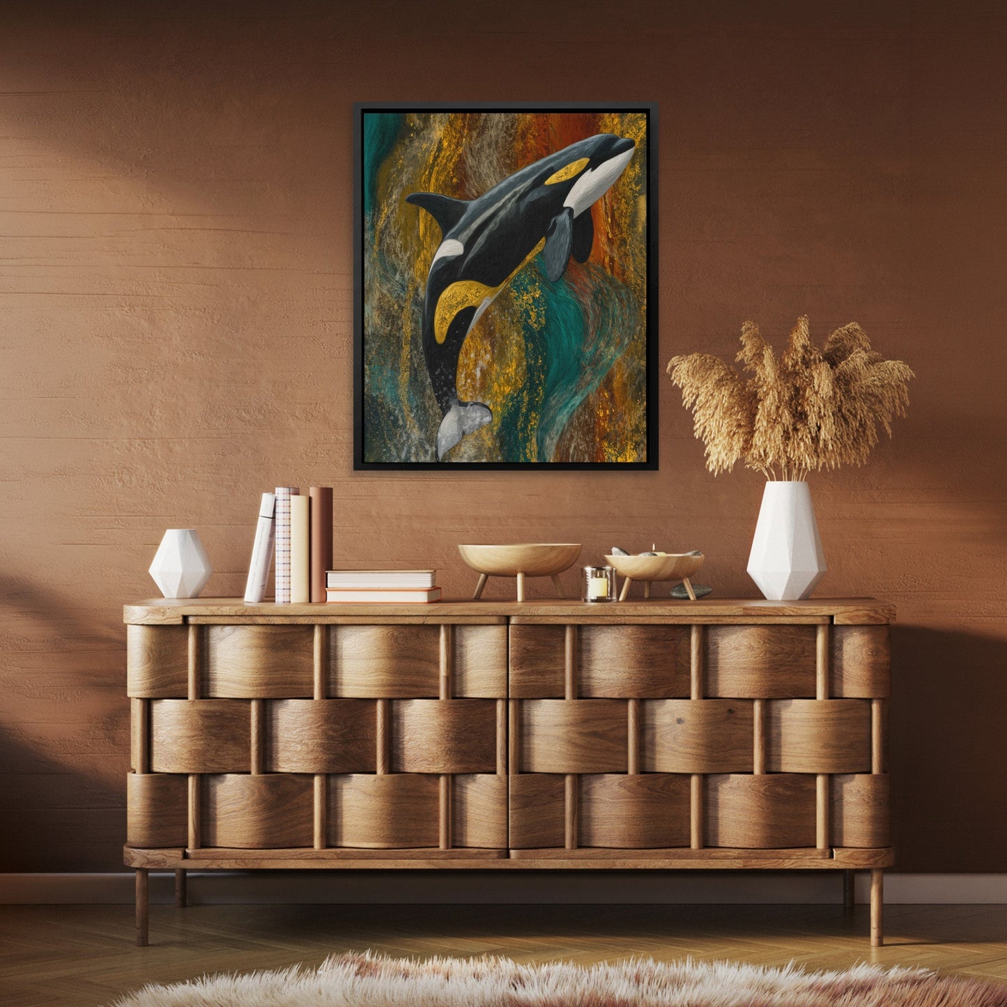Orca's Golden Current - Luxury Wall Art