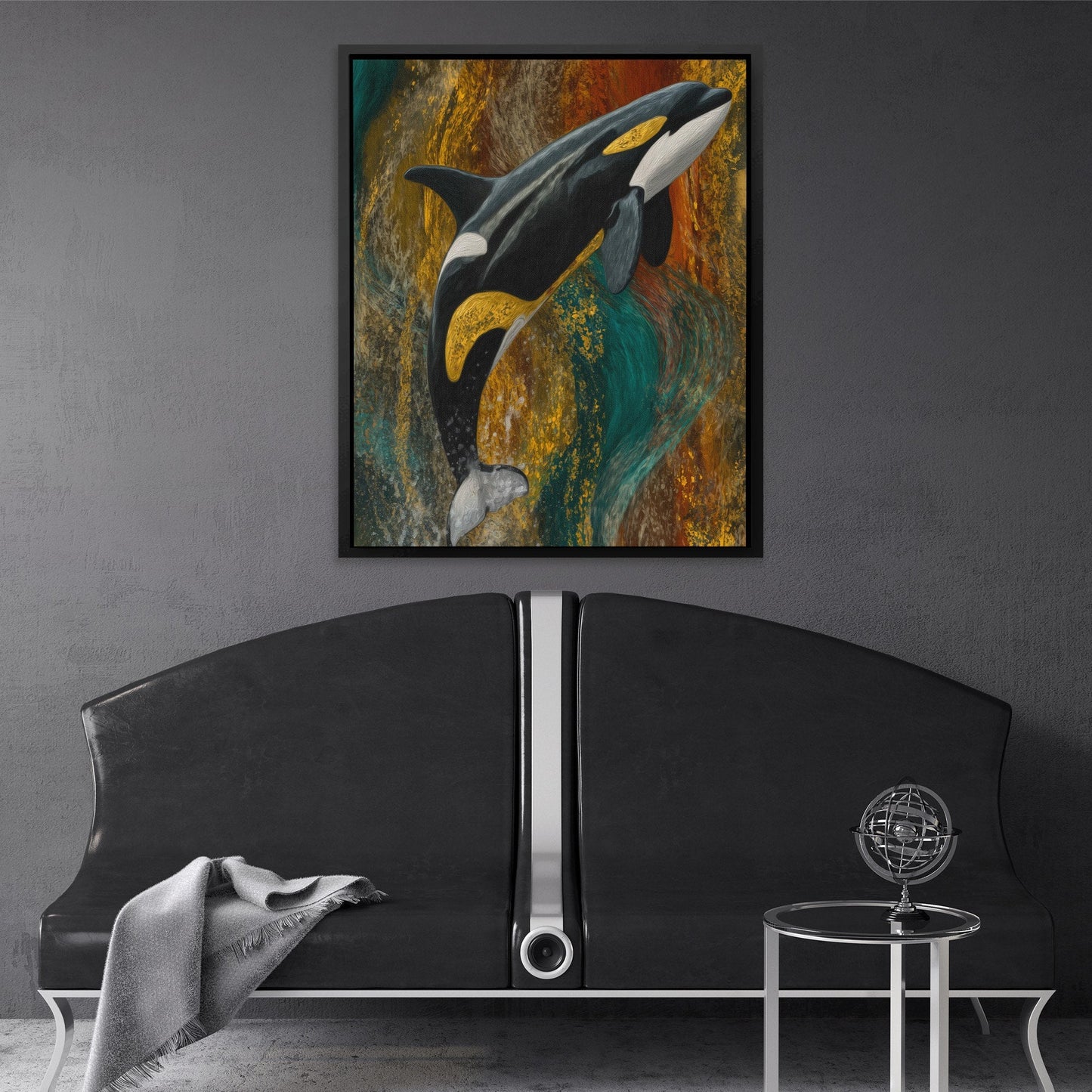 Orca's Golden Current - Luxury Wall Art