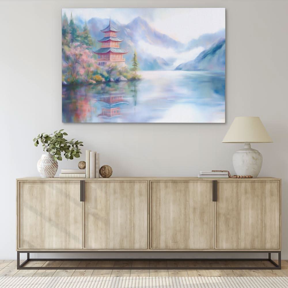 Pagoda’s Tranquil Time - Landscapes Wall Art in Black Frame