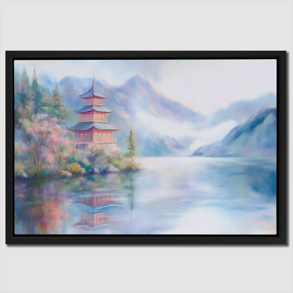 Pagoda’s Tranquil Time - Blue Landscapes Canvas Print