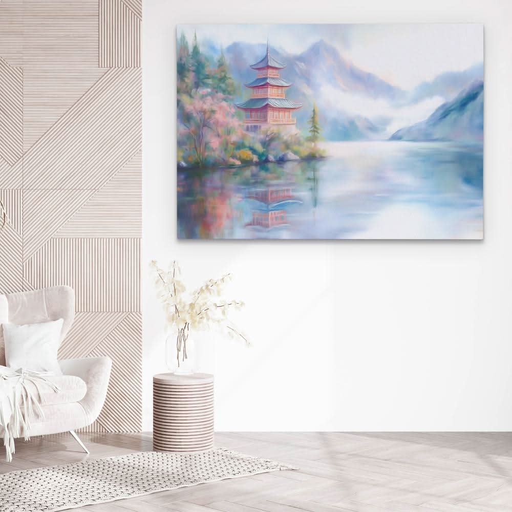 Pagoda’s Tranquil Time - Blue Wall Art for Bedroom