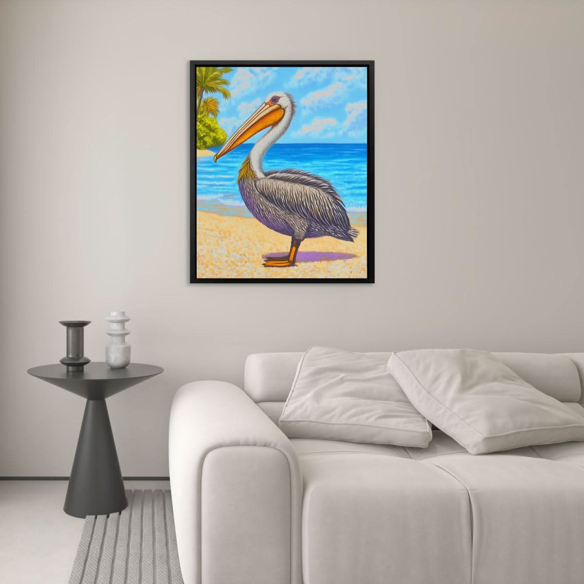 Paradise Pelican - Beach House Wall Art in Black Frame