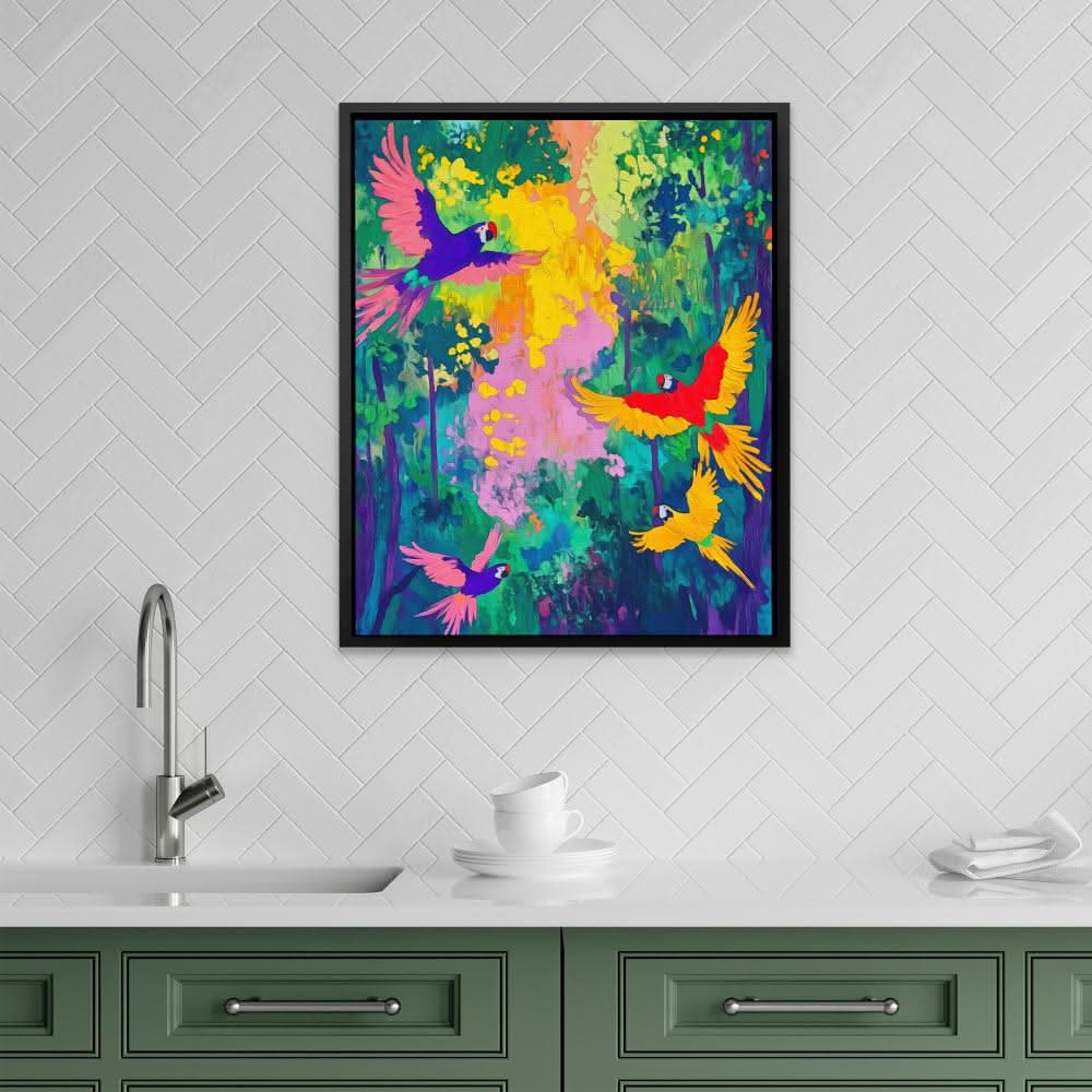 Parrot Jungle Symphony - Fantasy Wall Art in Black Frame