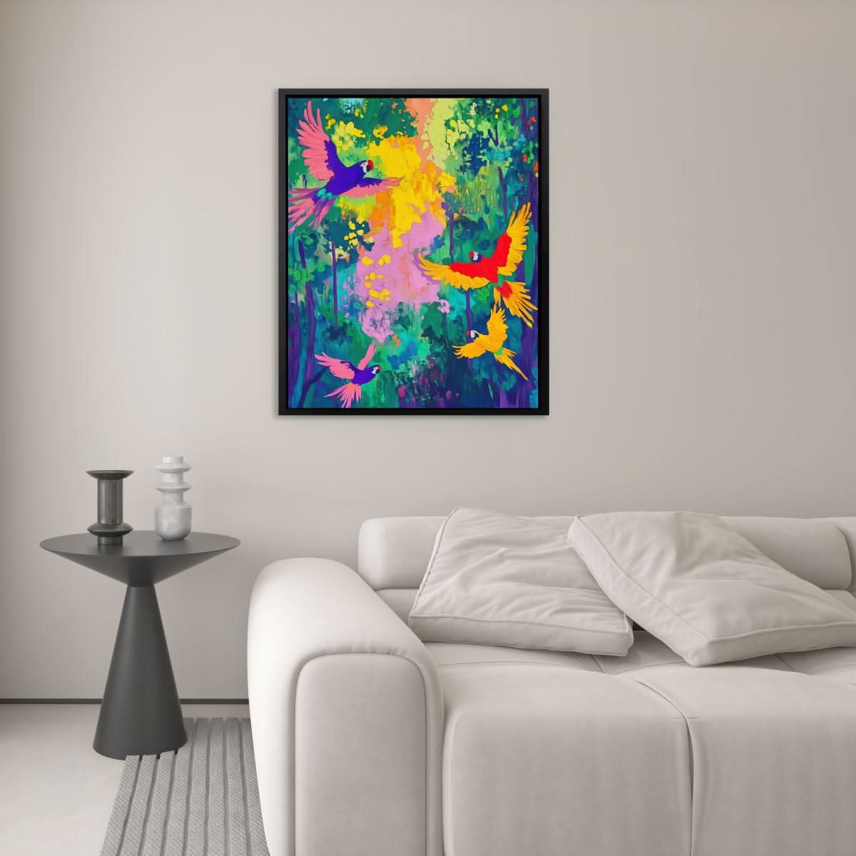 Parrot Jungle Symphony - Bird Wall Art in Black Frame