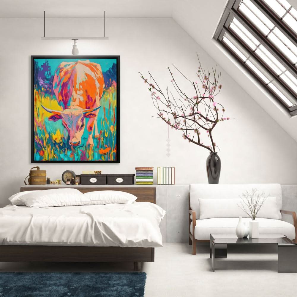 Pastel Fields Cow - Farm Animal Wall Art in Black Frame