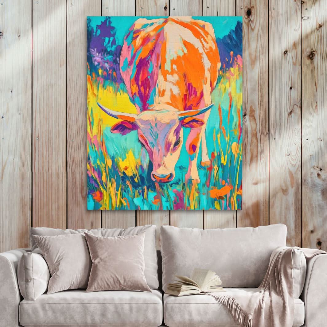 Pastel Fields Cow - Abstract Wall Art in Black Frame