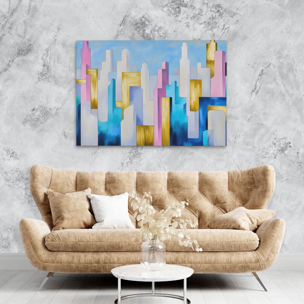 Pastel Skyscrapers - Lavender Wall Art in Black Frame