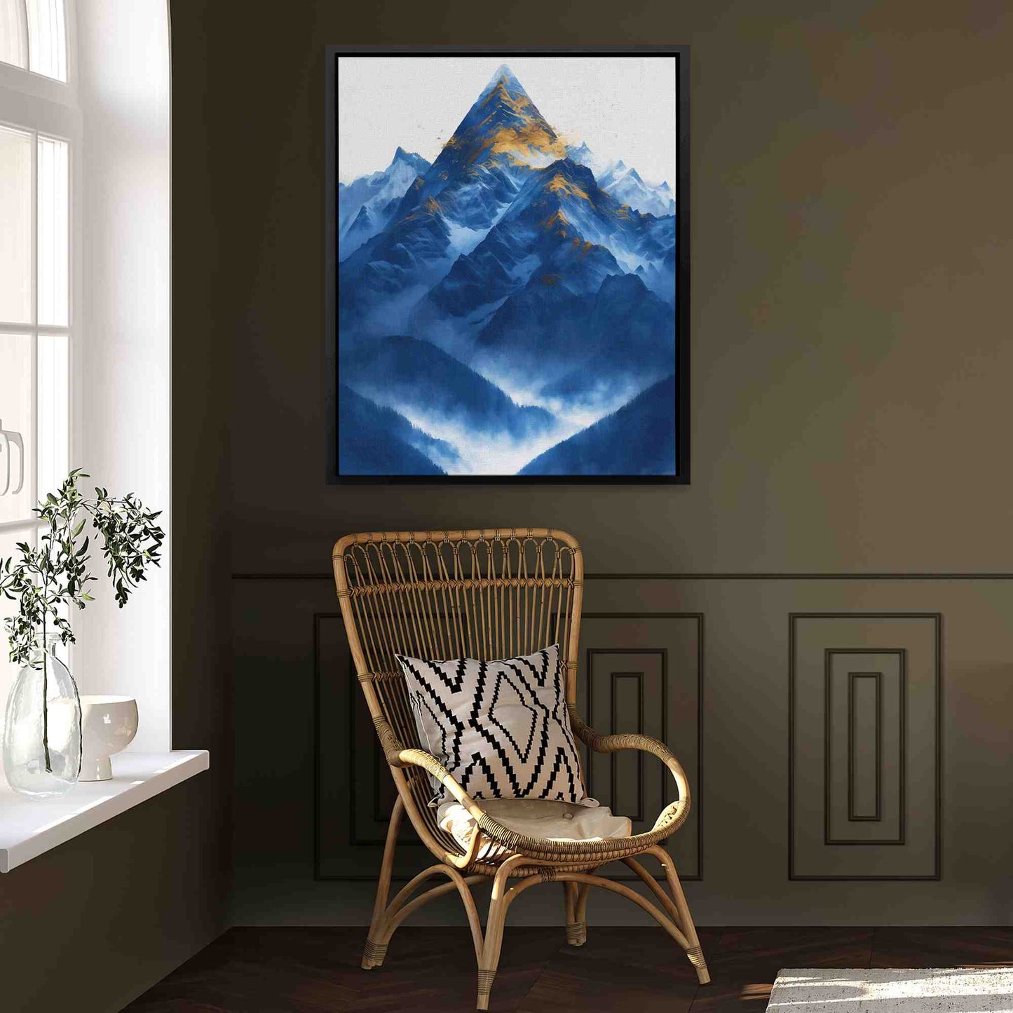 Peace Mountain - Navy Blue Wall Art in Black Frame
