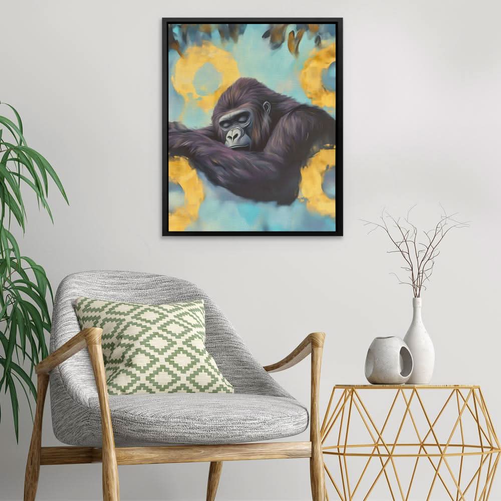 Peaceful Primate Nap - Dark Academia Wall Art in Black Frame