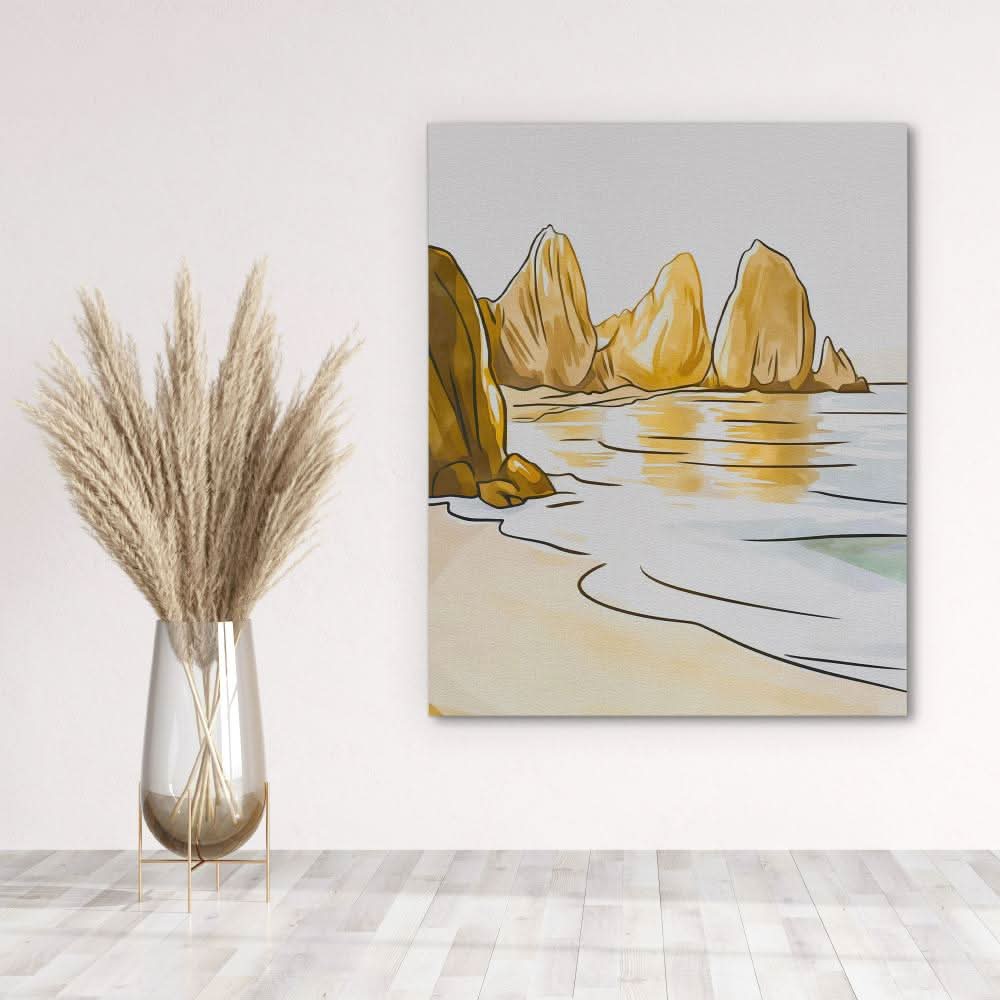 Peaceful Shoreline View - Beige Wall Art for Bathroom