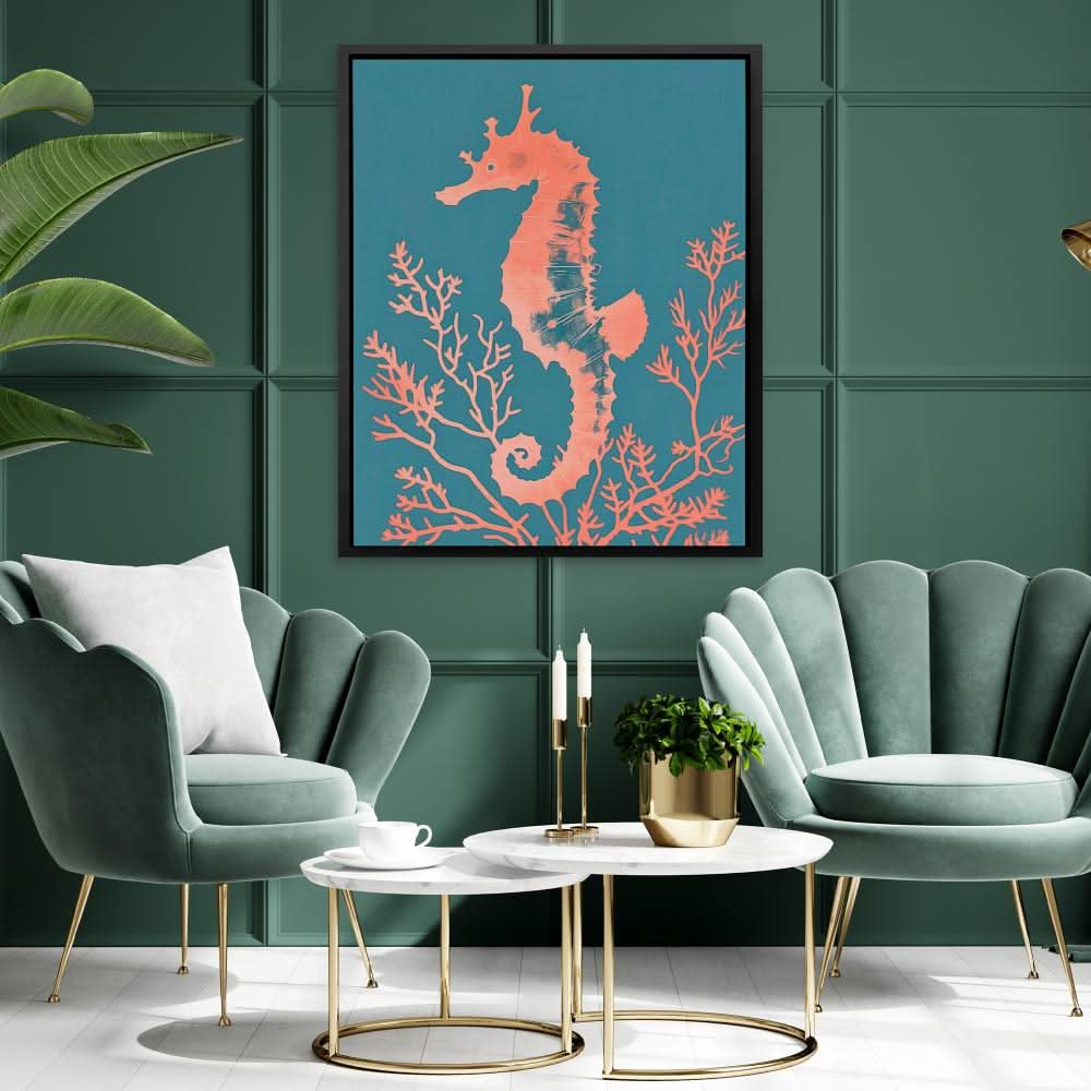 Peach Seahorse - Coastal Wall Art in Black Frame