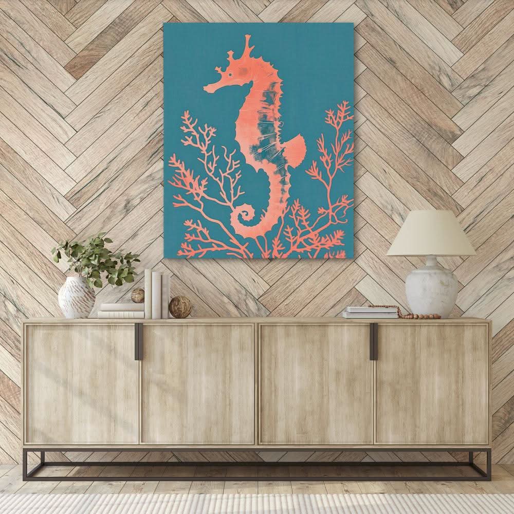 Peach Seahorse - Modern Teal Canvas Wall Art