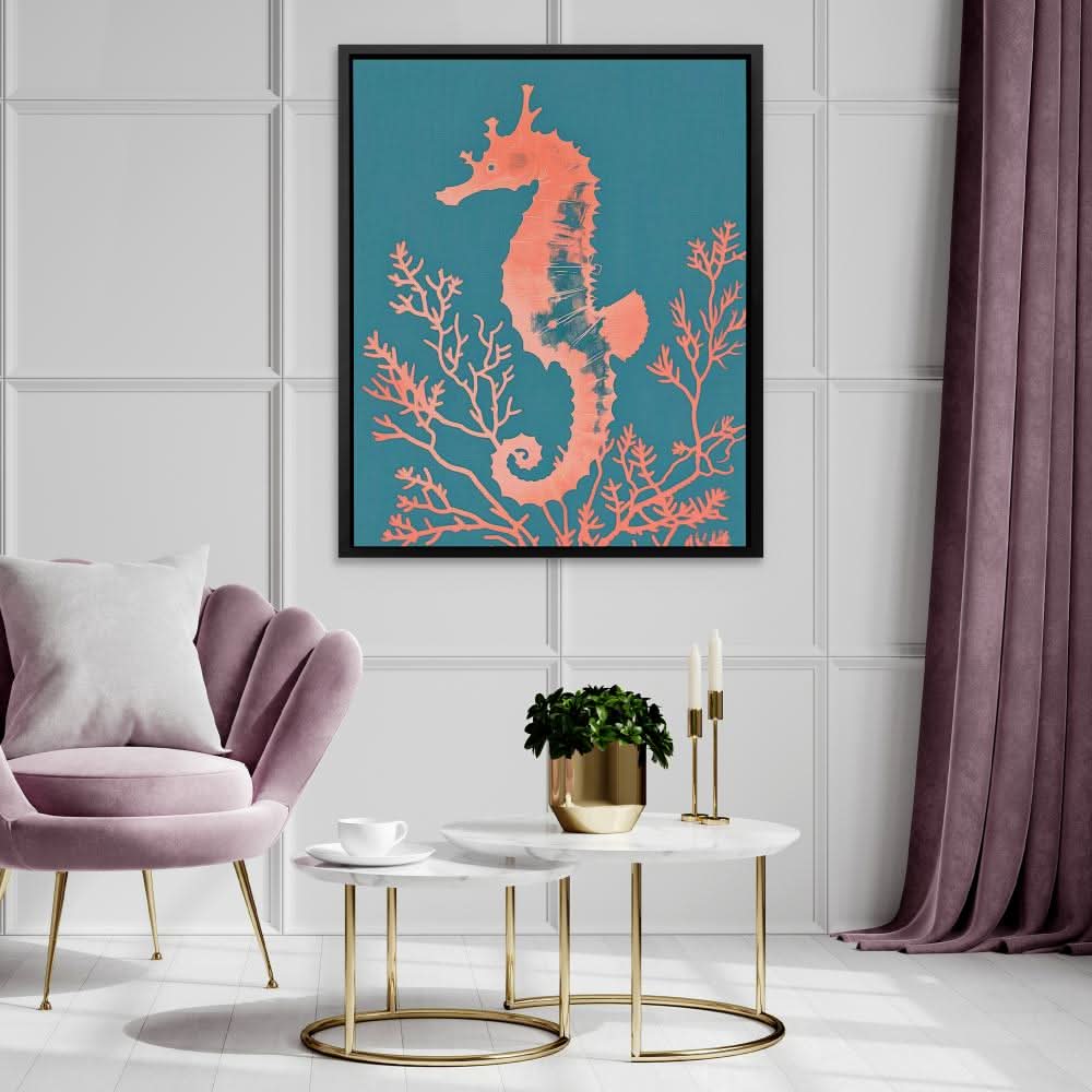 Peach Seahorse - Teal Coastal Canvas Print