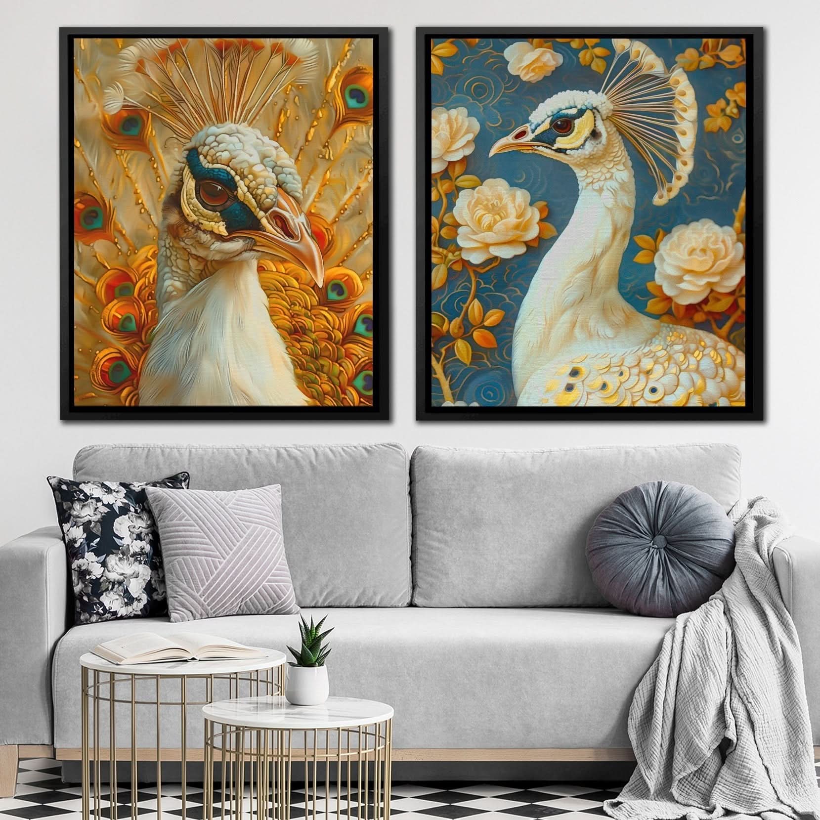 Peacock Grandeur - Gold Wall Art for Hallway