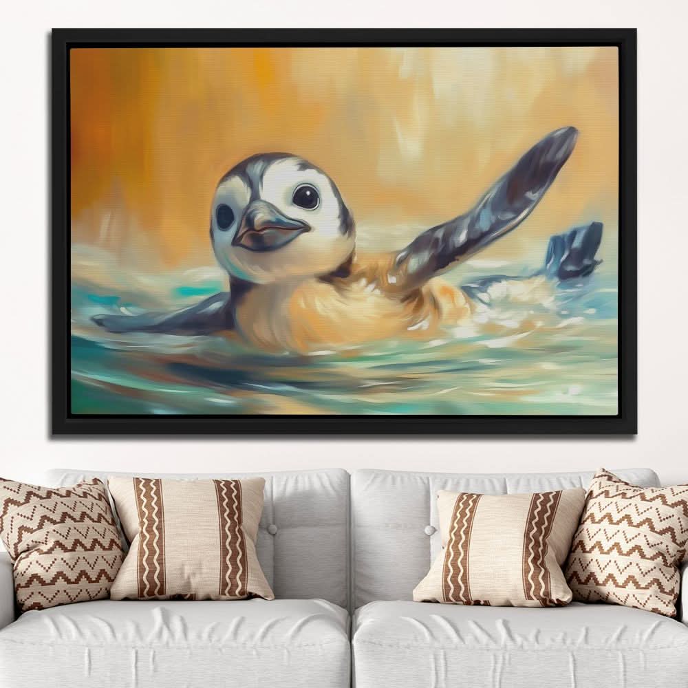 Penguin Glide - Surrealism Pastel Canvas Wall Art