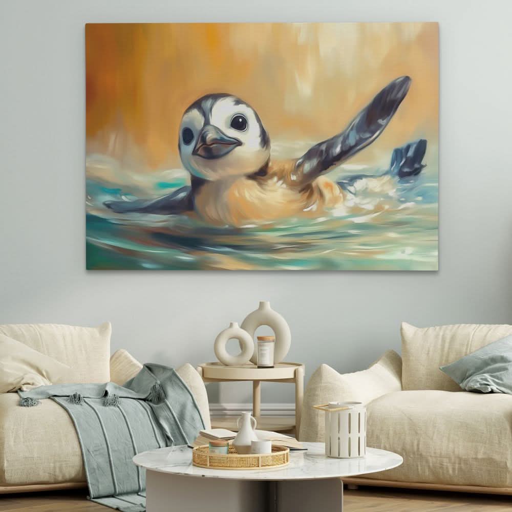 Penguin Glide - Baby Animal Wall Art in Black Frame