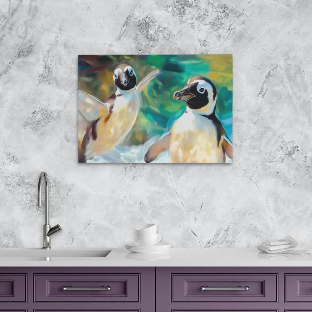 Penguin Pals - Beige Canvas Wall Art