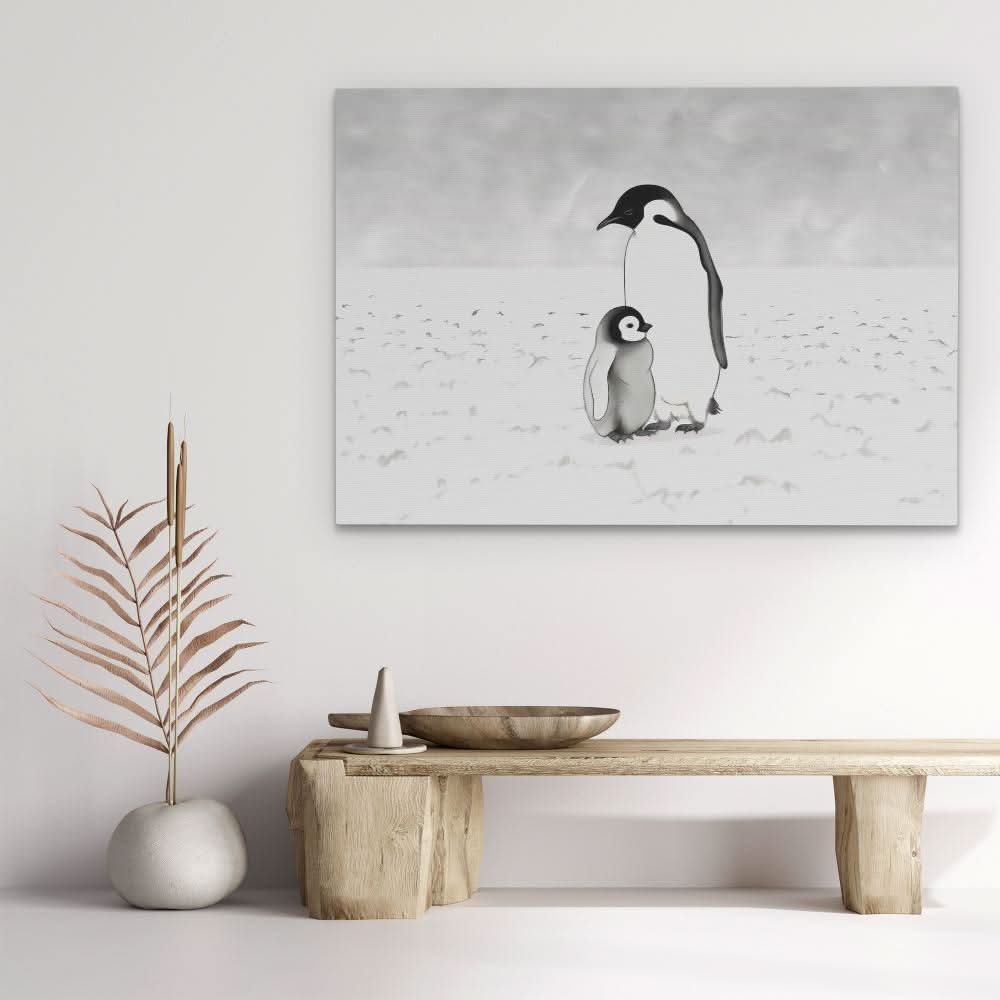 Penguin Parent - Minimalist Neutral Canvas Wall Art