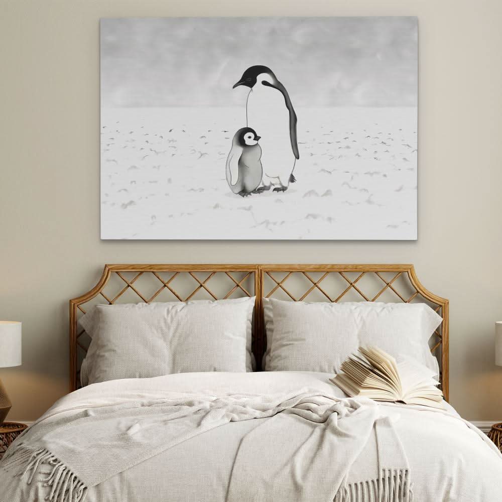 Penguin Parent - Black and White Wall Art in Black Frame