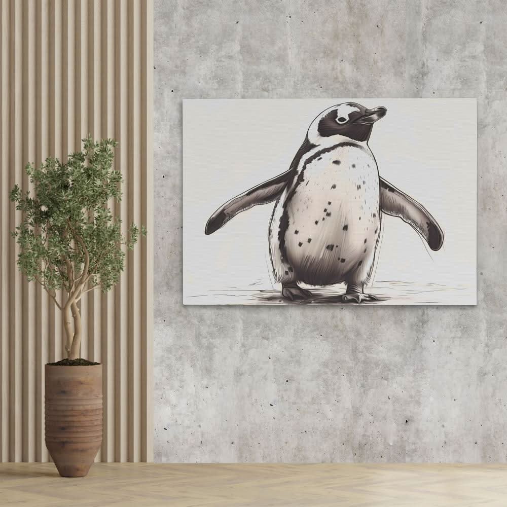 Penguin Waddle - Black and White Wall Art in Black Frame