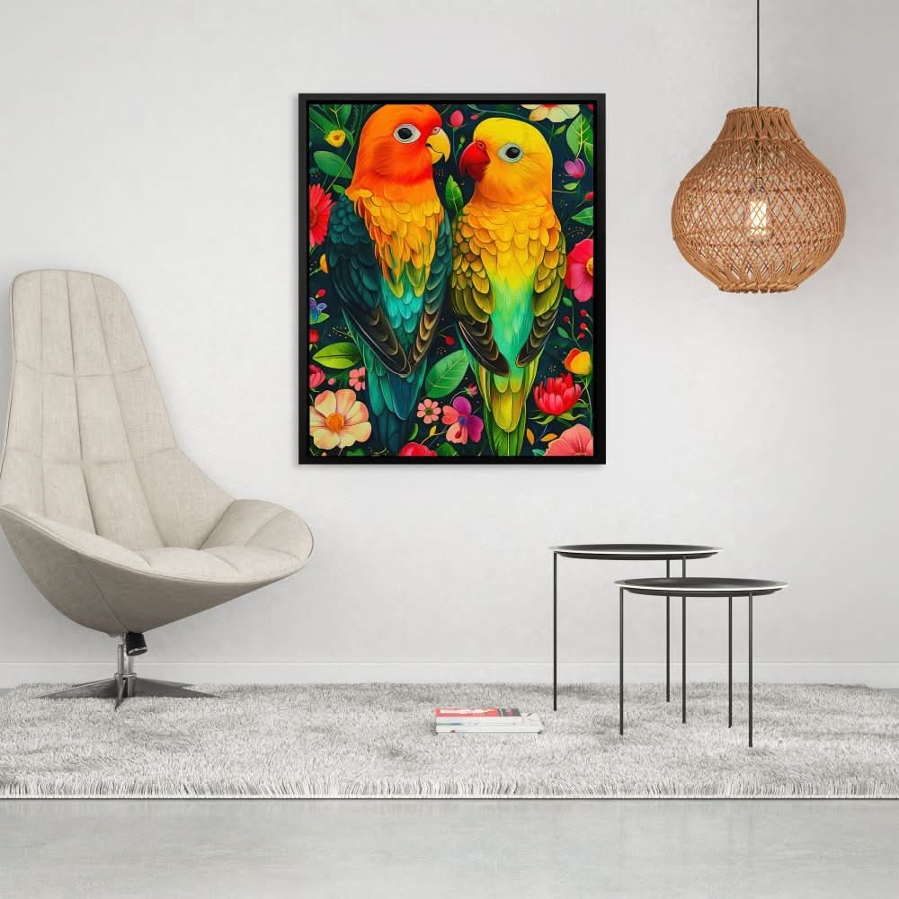 Perched Tropical Birds - Bohemian Wall Art in Black Frame