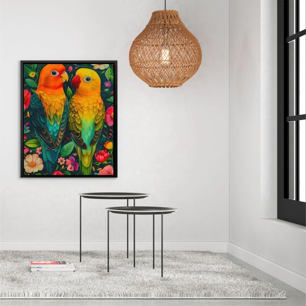 Perched Tropical Birds - Colorful Floral Canvas Print