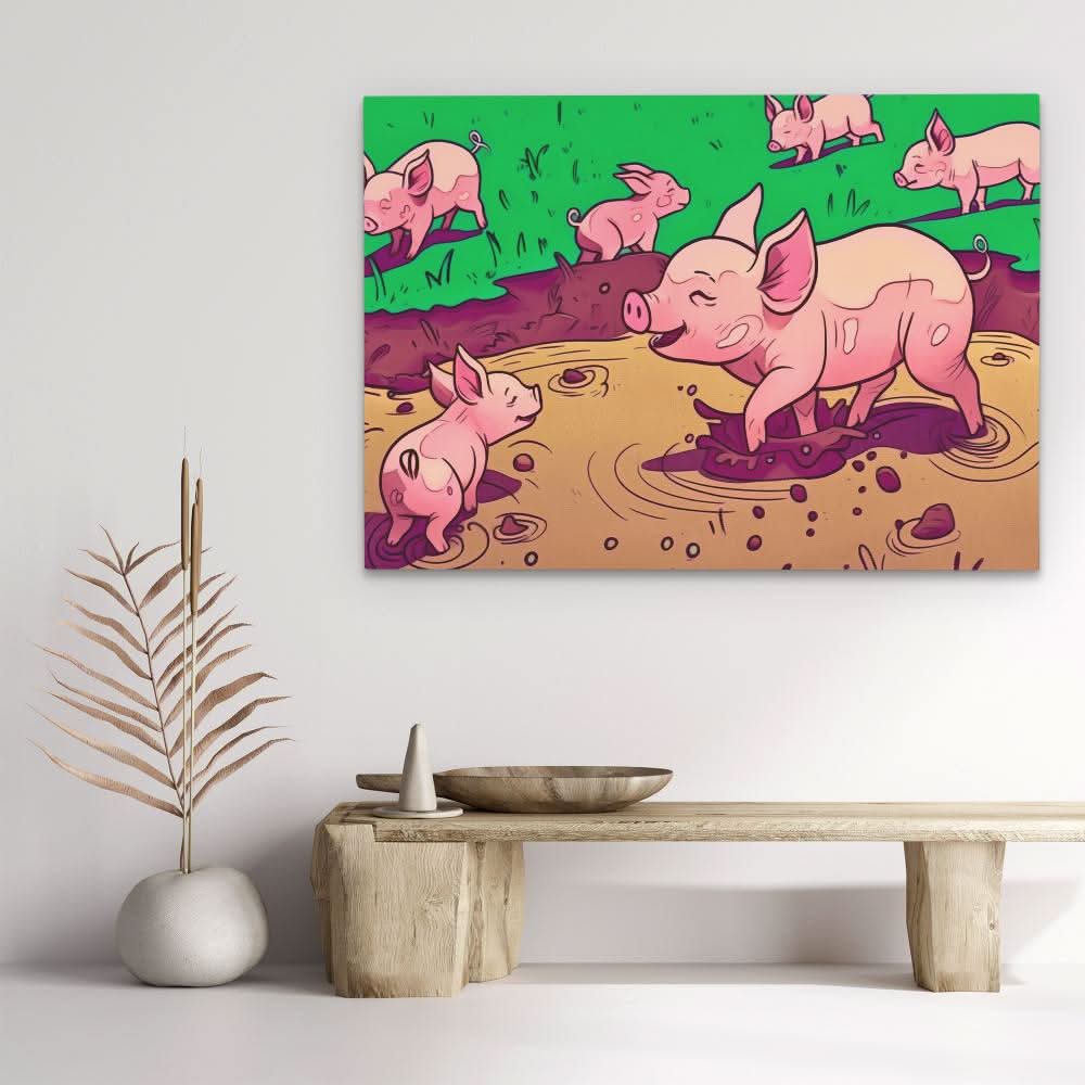 Pigs in the Mud - Colorful Cartoon Canvas Print