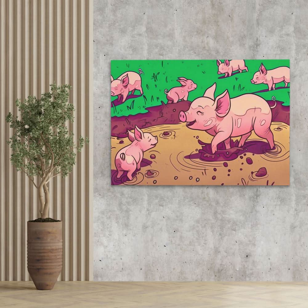 Pigs in the Mud - Cartoon Wall Art in Black Frame