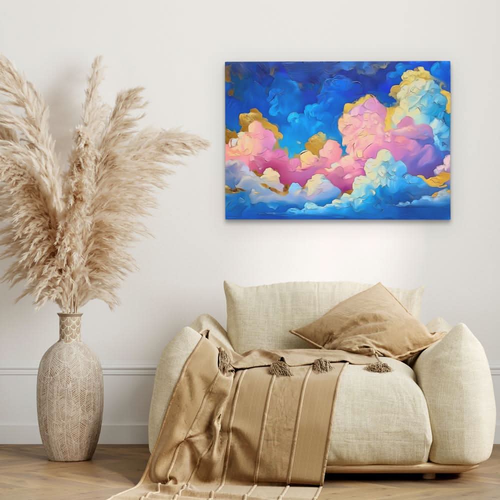 Pink and Blue Clouds - Abstract Wall Art in Black Frame