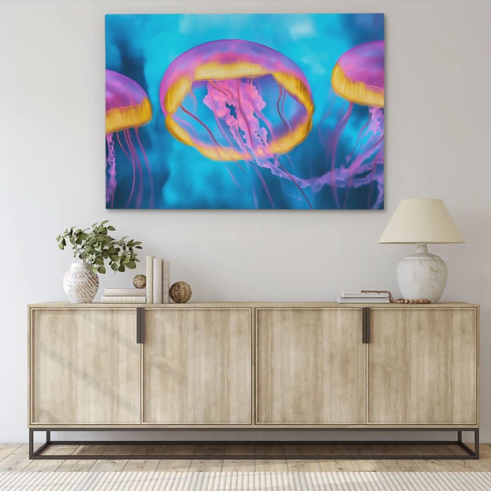 Pink and Blue Jellyfish - Blue Canvas Wall Art