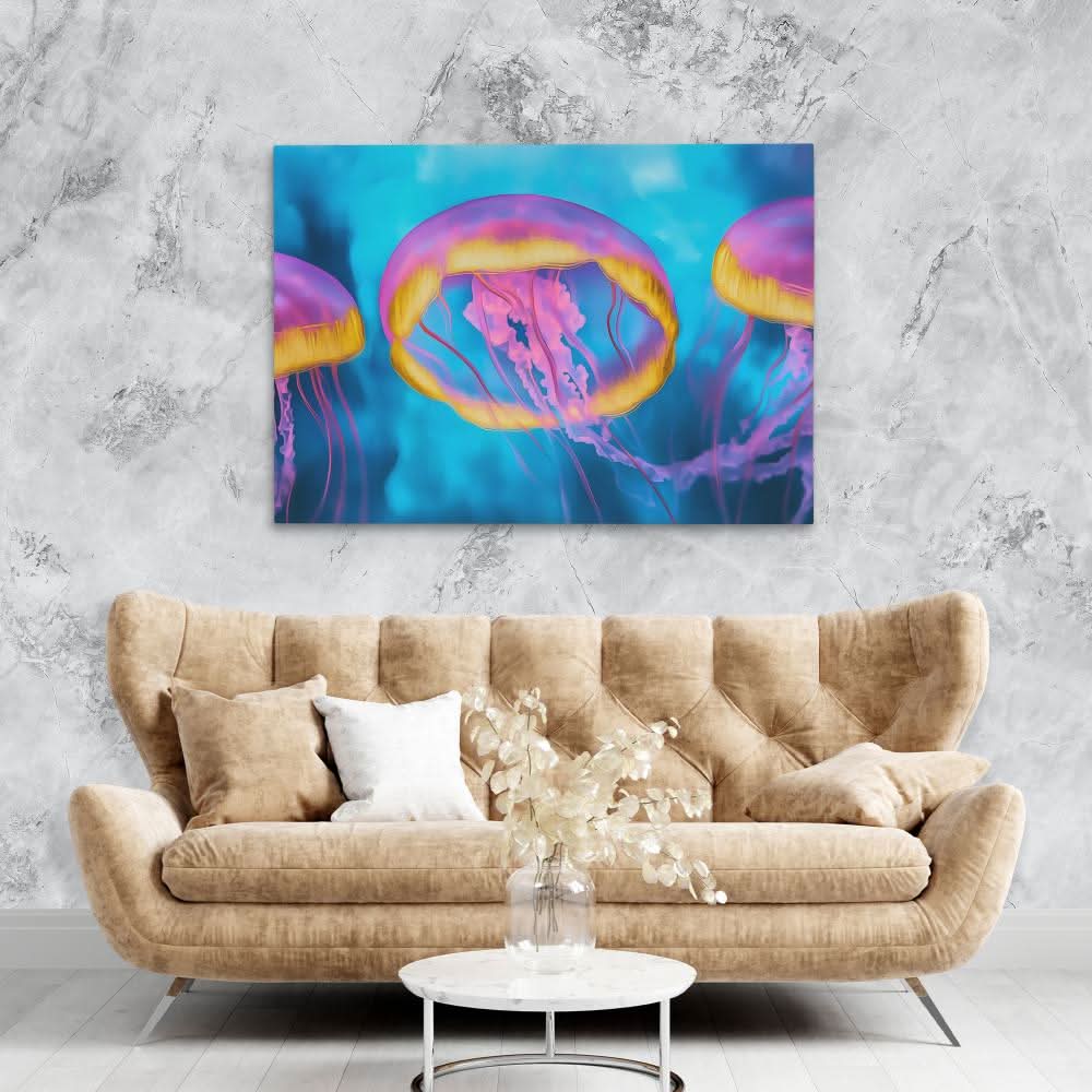 Pink and Blue Jellyfish - Blue Jellyfish Canvas Print