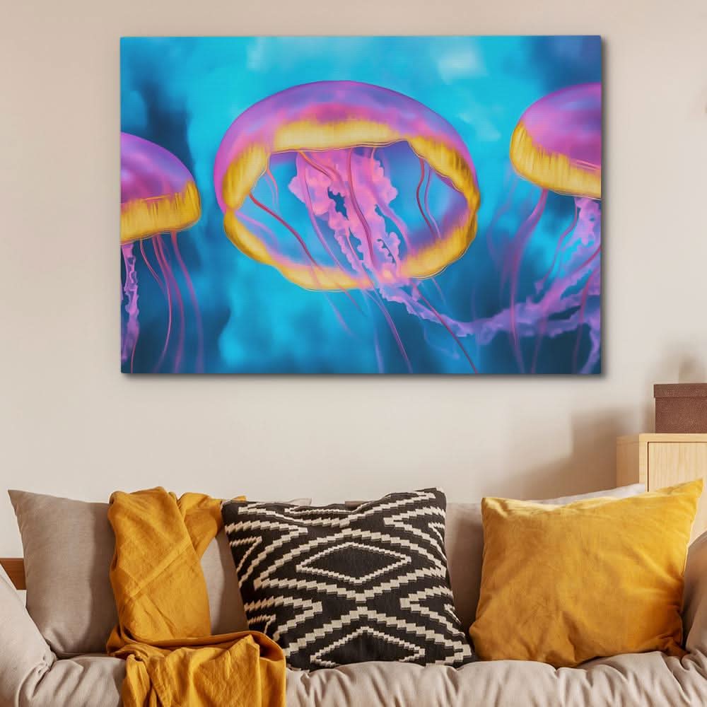 Pink and Blue Jellyfish - Jellyfish Wall Art in Black Frame