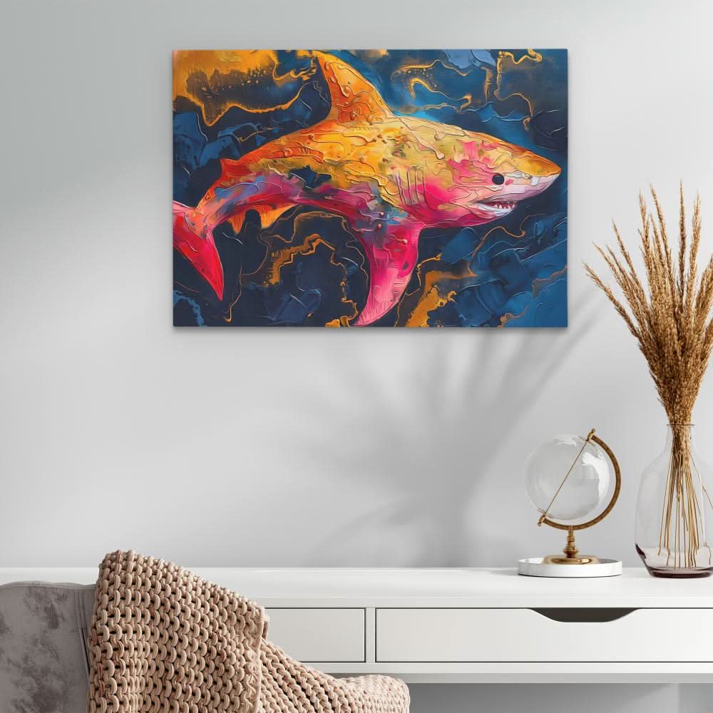 Pink and Gold Shark - Abstract Wall Art in Black Frame