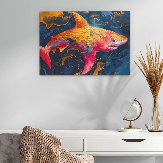 Pink and Gold Shark - Abstract Wall Art in Black Frame