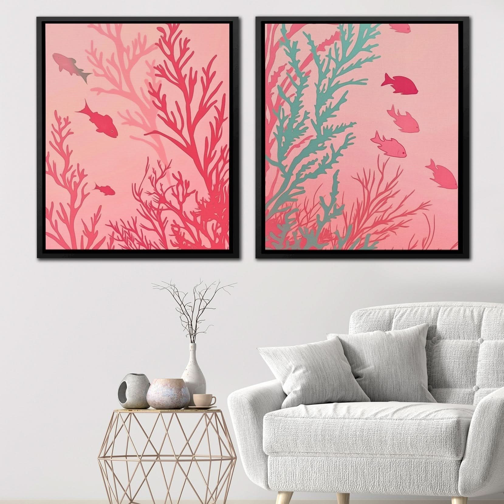 Pink Coral Harmony - Wall Art in Black Frame