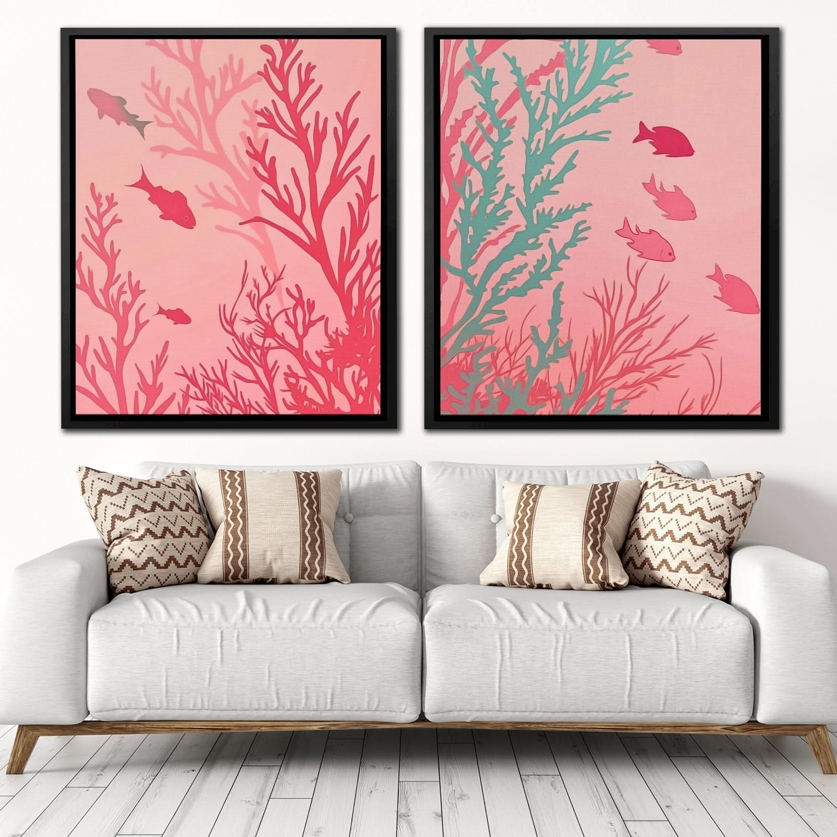 Pink Coral Harmony - Coral Wall Art in Black Frame