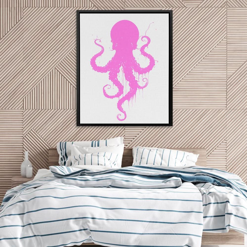 Pink Dancing Octopus - Minimalist Wall Art in Black Frame
