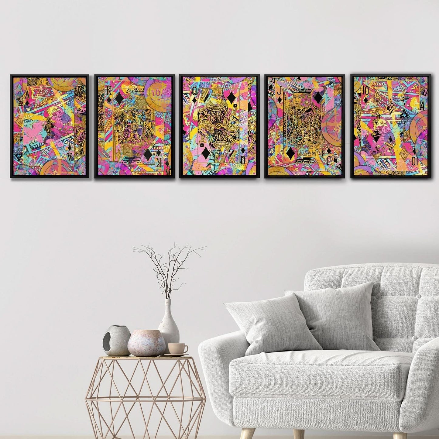 Pink Diamonds Royal Flush - Gold Wall Art for Game Room