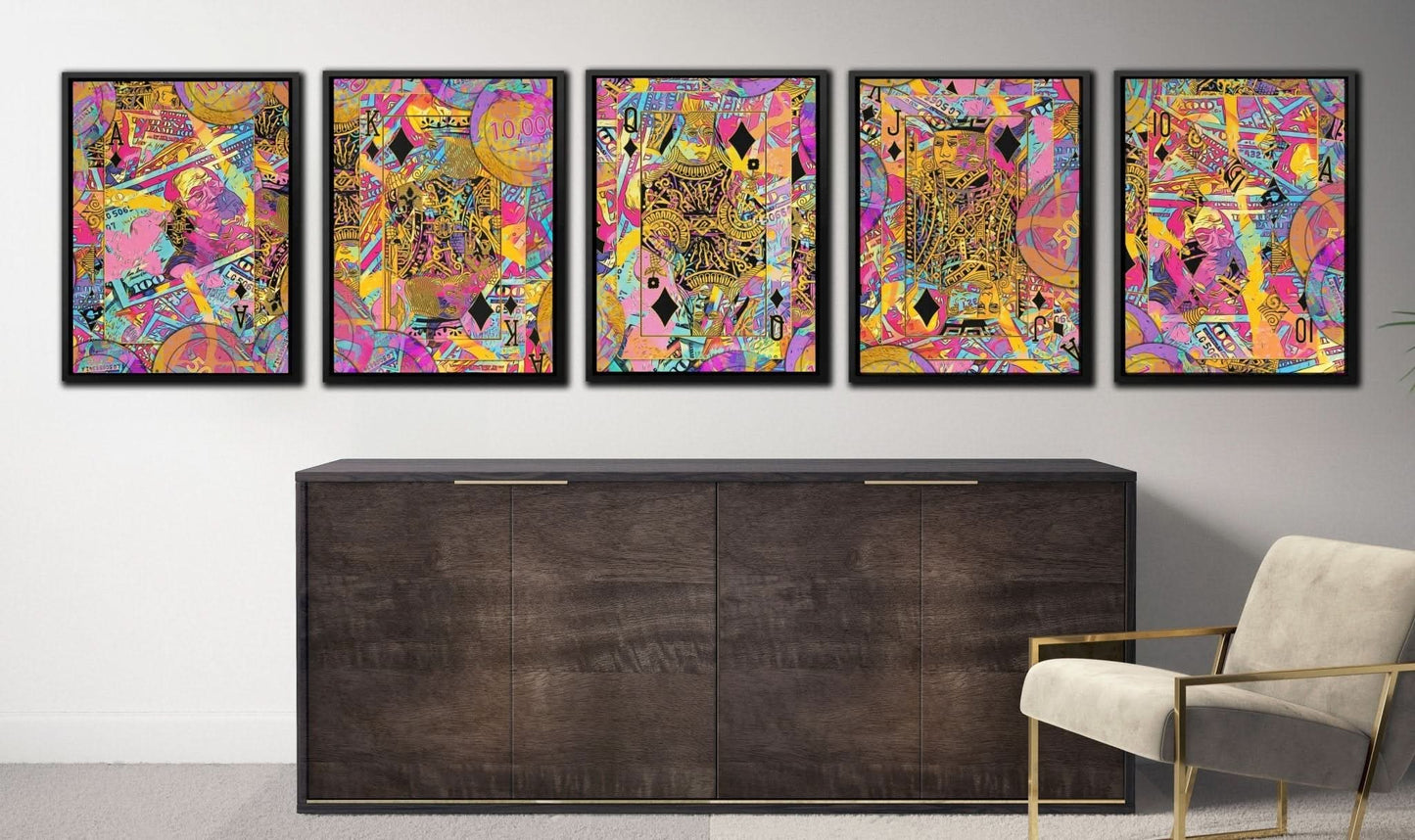 Pink Diamonds Royal Flush - Magenta Wall Art in Black Frame
