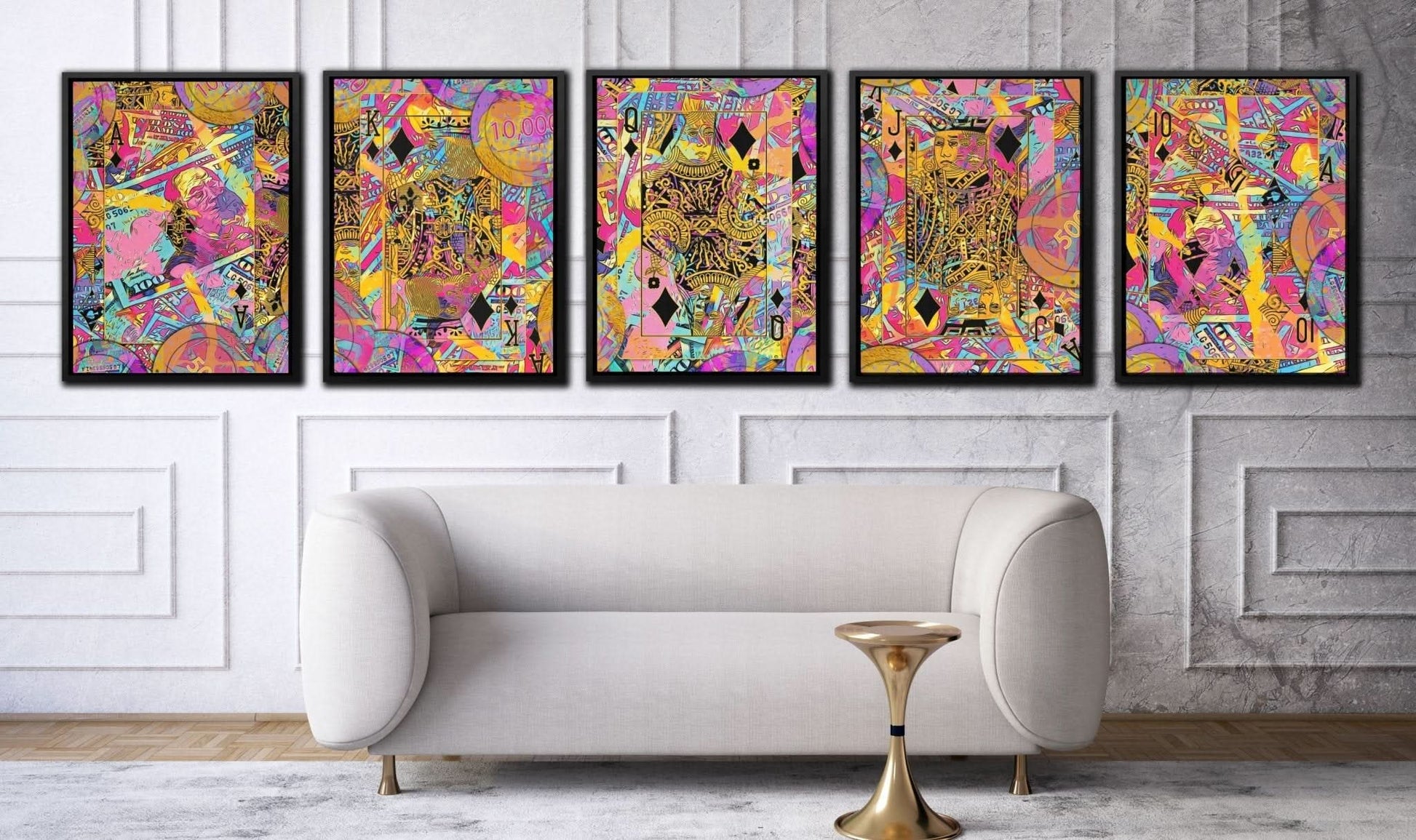 Pink Diamonds Royal Flush - Maximalist Gold Canvas Wall Art