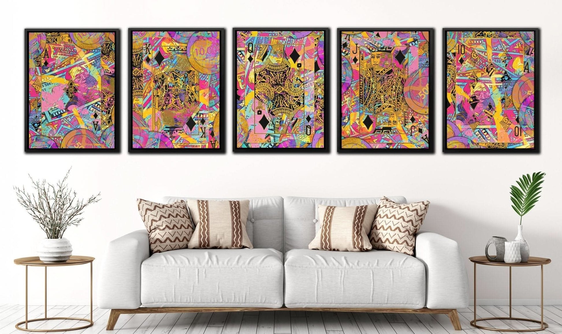 Pink Diamonds Royal Flush - Maximalist Wall Art in Black Frame