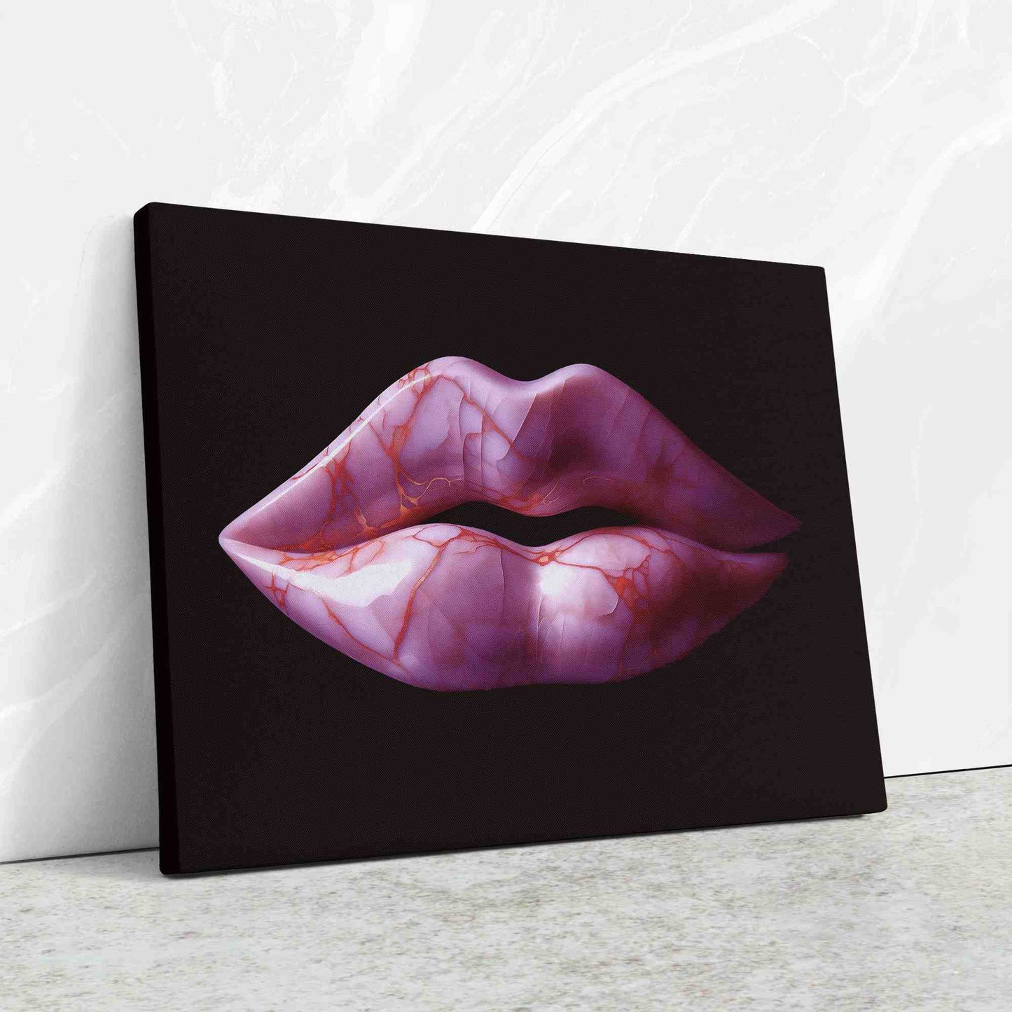 Pink Marble Lips - Black Feminine Canvas Print