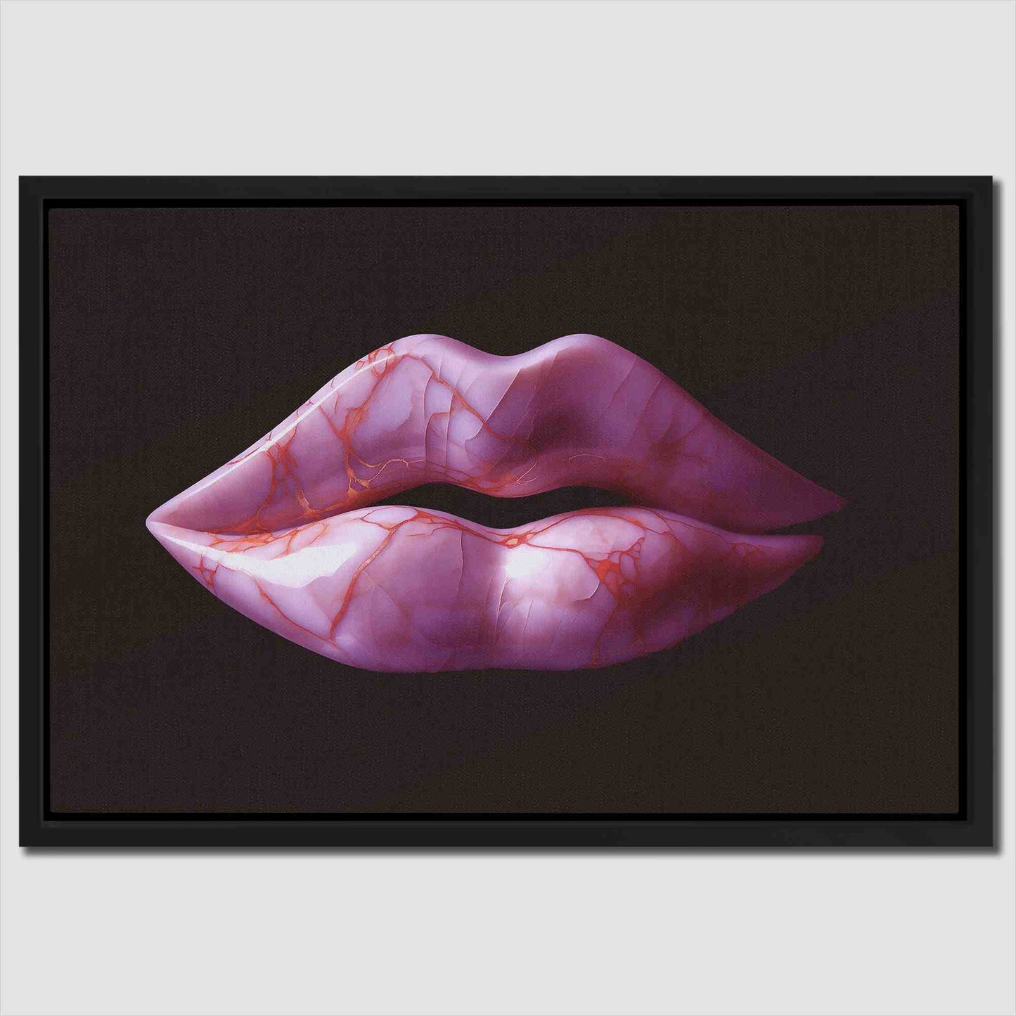 Pink Marble Lips - Pop Art Black Canvas Wall Art