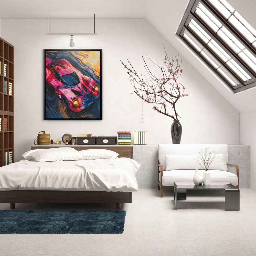 Pink Race Car - Man Cave Wall Art in Black Frame
