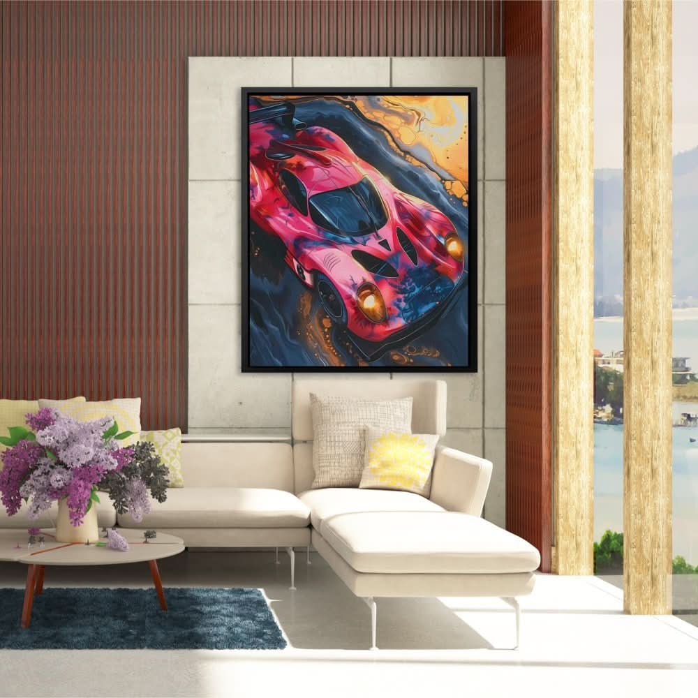 Pink Race Car - Maximalist Wall Art in Black Frame